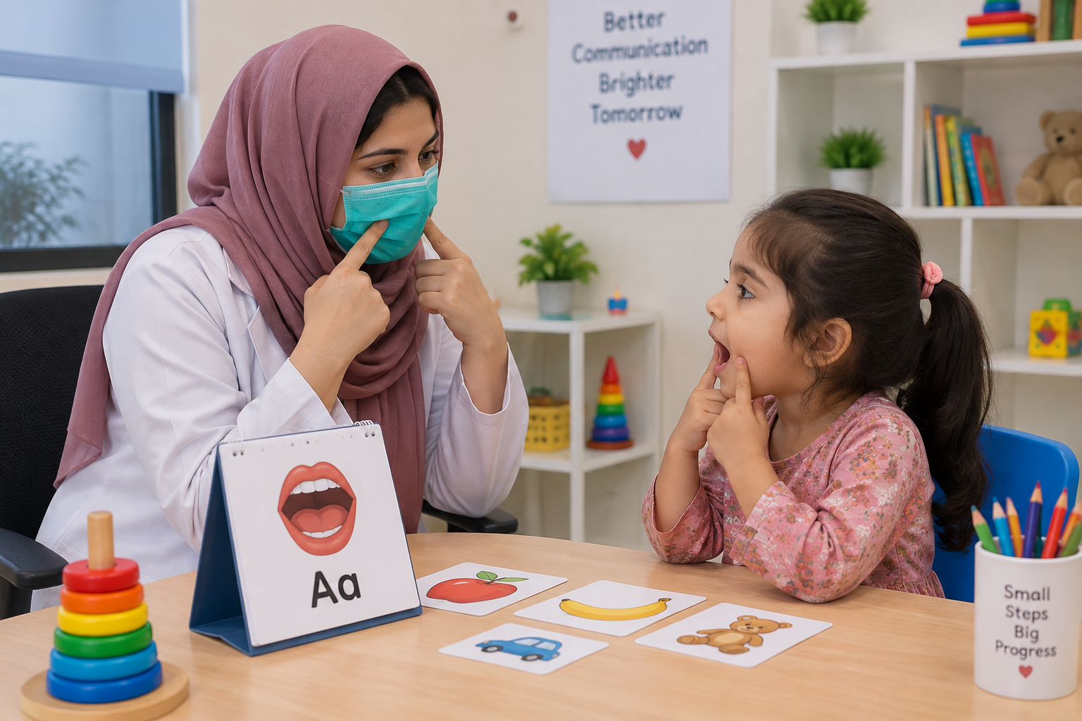female speech therapist helping a girl practice speech sounds during a speech therapy session