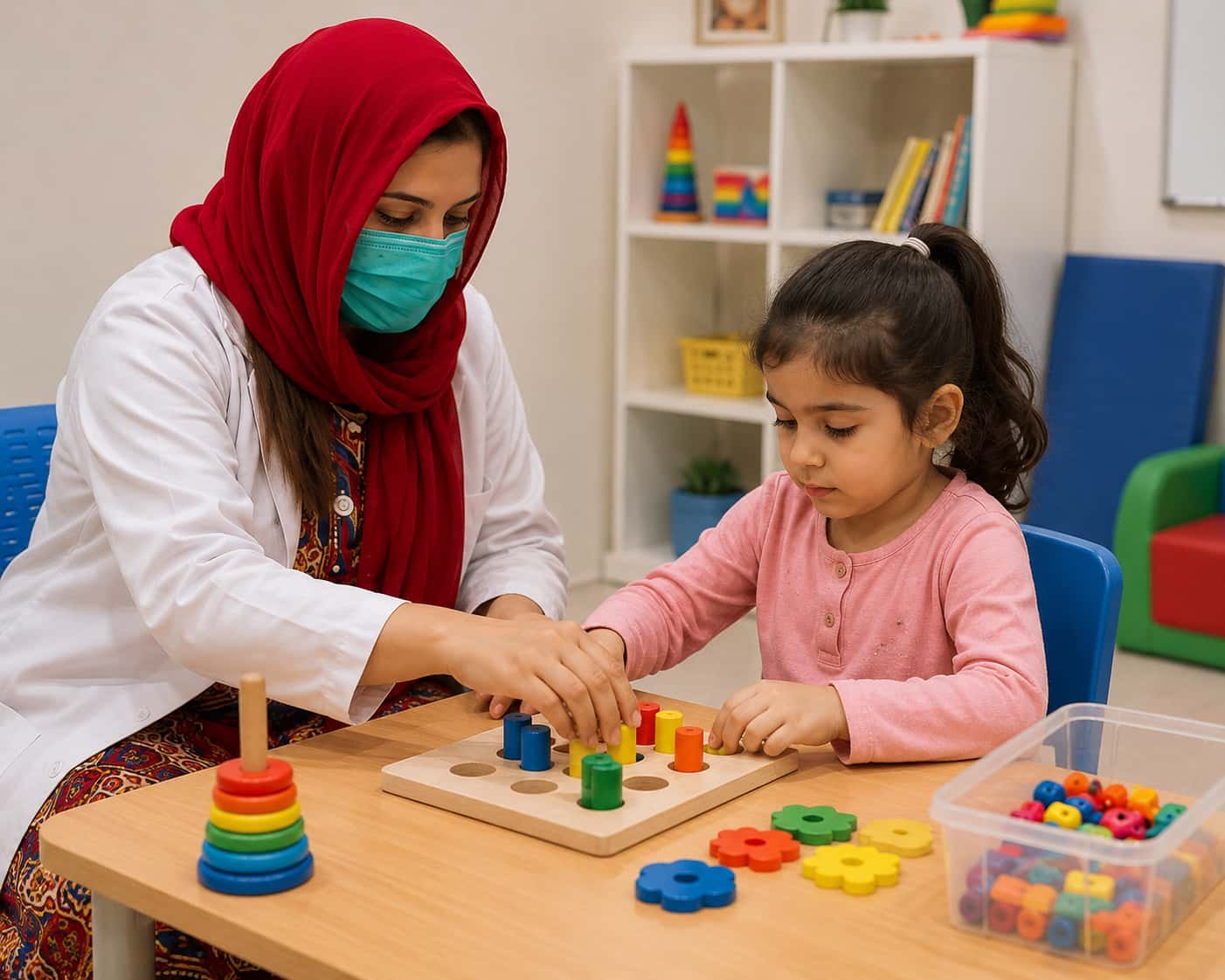 therapist helping a young girl with a hands on learning activity during autism therapy