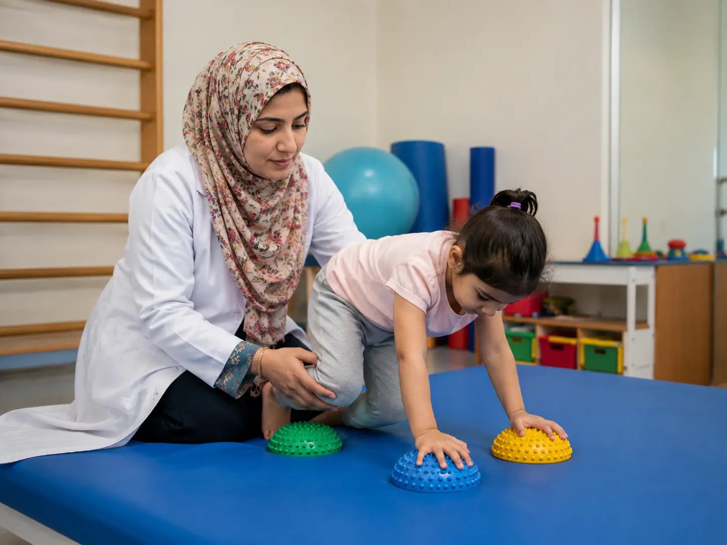 physiotherapist helping a young girl with developmental activities to improve motor skills and coordination during developmental delay physiotherapy